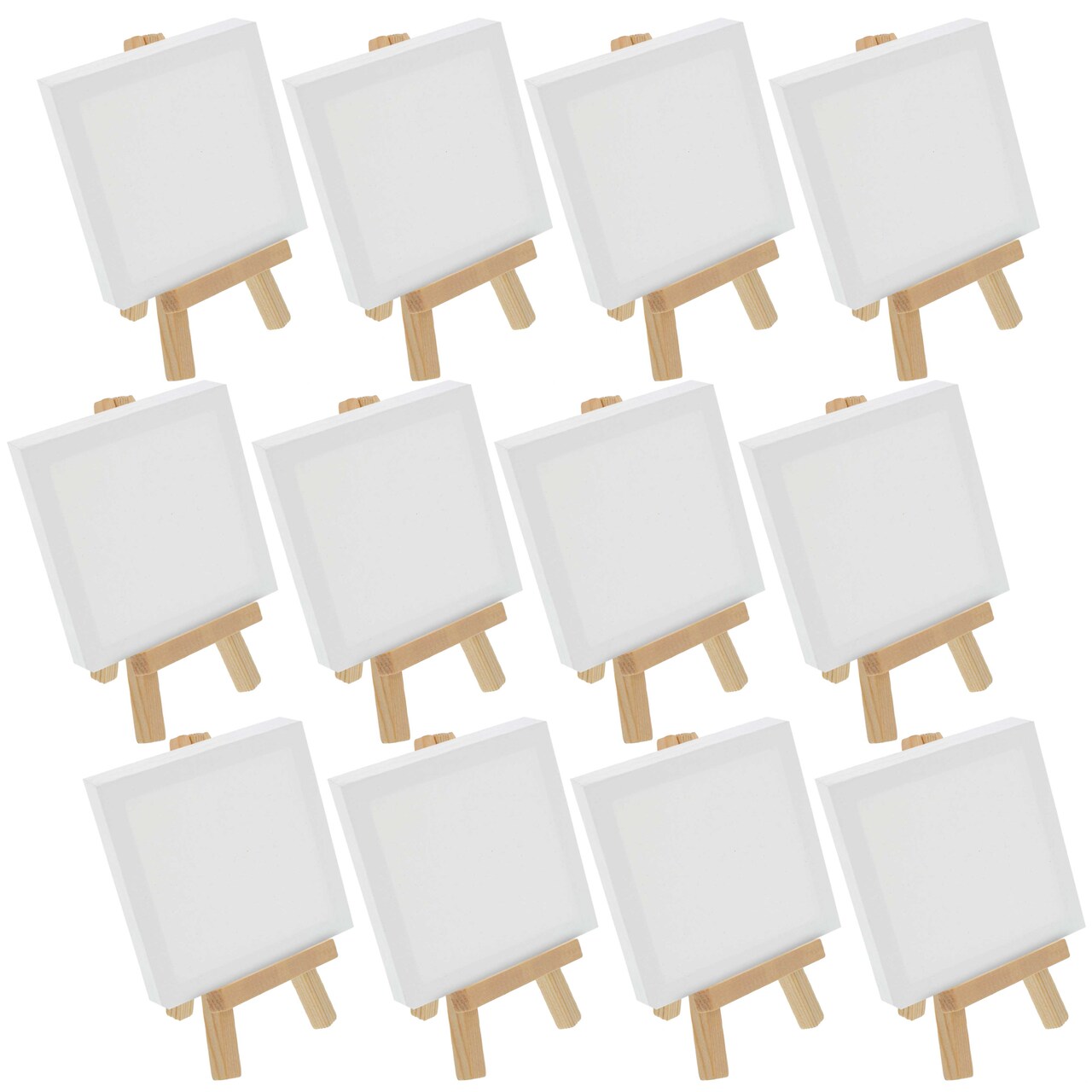 3&#x22; x 3&#x22; Stretched Canvas with 5&#x22; Mini Natural Wood Display Easel Kit, 12 Pack - Artist Tripod Tabletop Holder Stand - Kids Painting Party Oil Acrylic